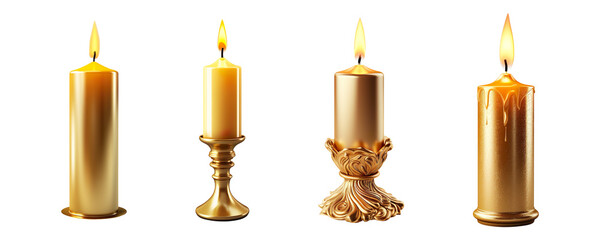 Collection set of burning golden candles isolated on transparent background