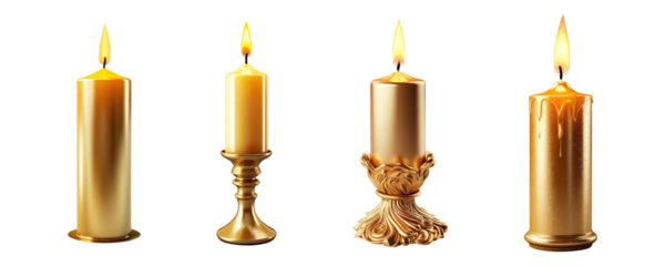 Collection set of burning golden candles isolated on transparent background