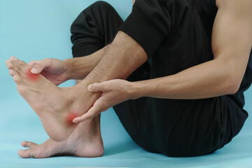 Close up of man with leg pain, man suffering from leg pain, gout injury, joint pain. podiatry...