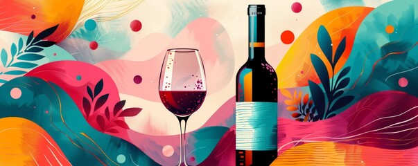 Abstract modern poster of wine bottle, glass. Cocktail, alcohol beverage. Wine tasting concept. Invitation template for an event, festival.   illustration