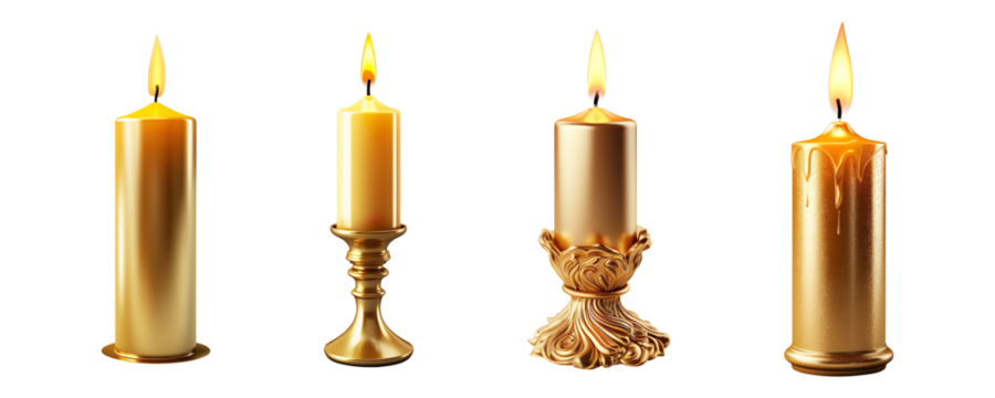 Collection set of burning golden candles isolated on transparent background