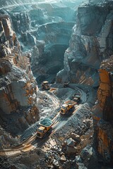 A large open-pit mine with haul trucks driving along a winding road. The trucks are carrying loads of ore to be processed.