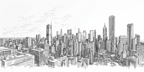 Cityscape overlooking high-rise corporate buildings in the commercial and financial center and luxury condominiums in the city center. Handmade drawing . illustration
