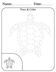 Sea Turtle Printable Activity Page for Kids. Educational Resources for School for Kids. Kids Activity Worksheet. Trace and Color the Shape