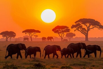 Obraz premium Elephant herd silhouetted by setting sun crossing dry grass field with trees in foreground