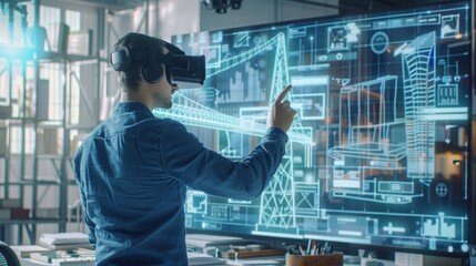 Fototapeta premium An architect is using VR technology to design a bridge, technical drawing, look upon huge virtual screen