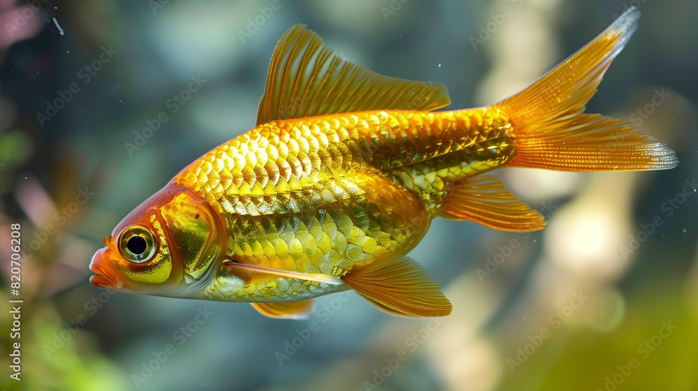 Canvas Prints a goldfish swimming in a tank with plants in the background