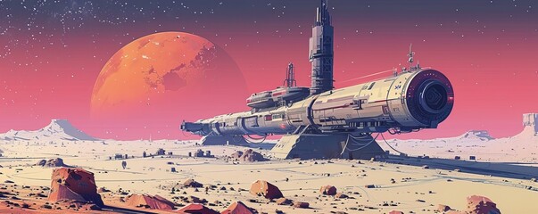 A deserted space station orbiting a barren planet, abandoned by its inhabitants long ago.   illustration.