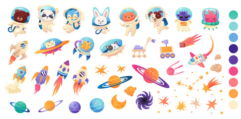 Big Space animal and ufo alien set. Panda, Dog, fox, tiger, cat in spacesuit, galaxy bundle. Astronauts, spaceship, cartoon animal. Vector illustration for kids design