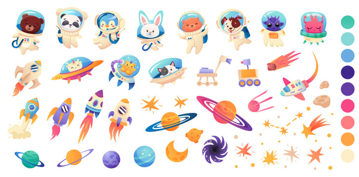Big Space animal and ufo alien set. Panda, Dog, fox, tiger, cat in spacesuit, galaxy bundle. Astronauts, spaceship, cartoon animal. Vector illustration for kids design