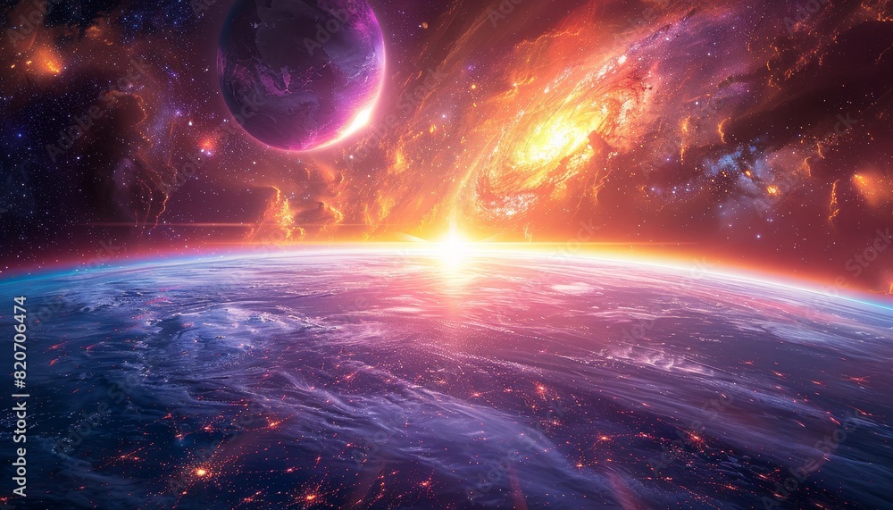 Wall mural A colorful space scene with a planet and a sun by AI generated image