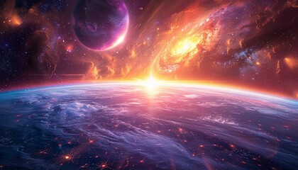 A colorful space scene with a planet and a sun by AI generated image