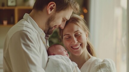 A happy couple hugs their newborn little baby at home, the woman and man became parents. Joyous Welcome: A family's Warm Embrace as They Hold Their infant