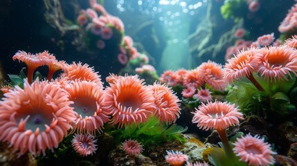 Fototapeta premium red sea anemones on the rocks