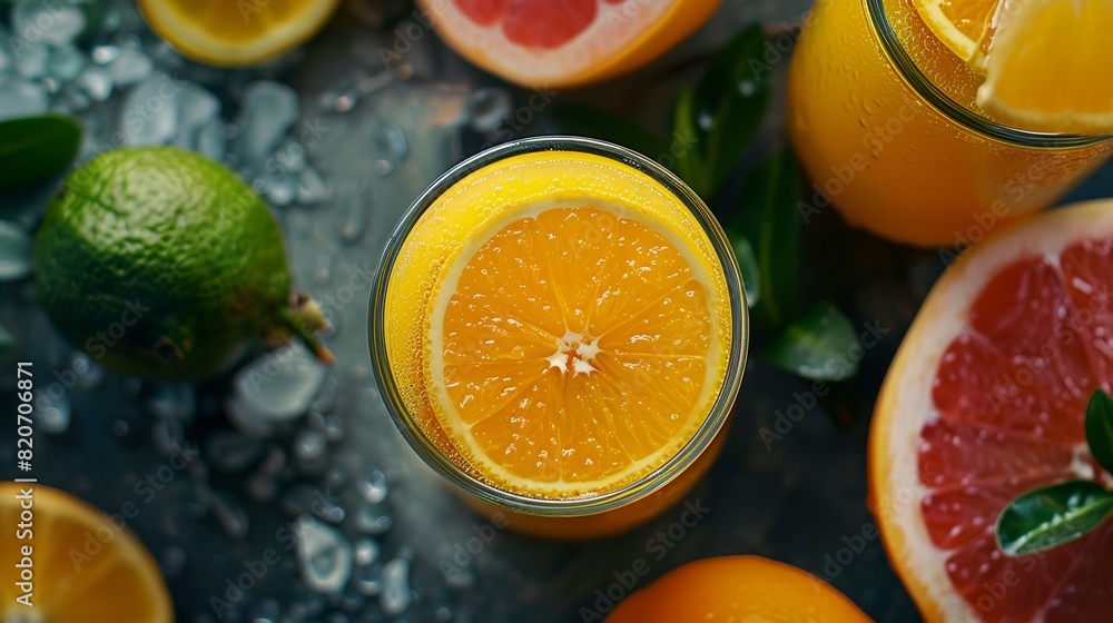 Poster a glass of orange juice surrounded by citrus fruits and leaves