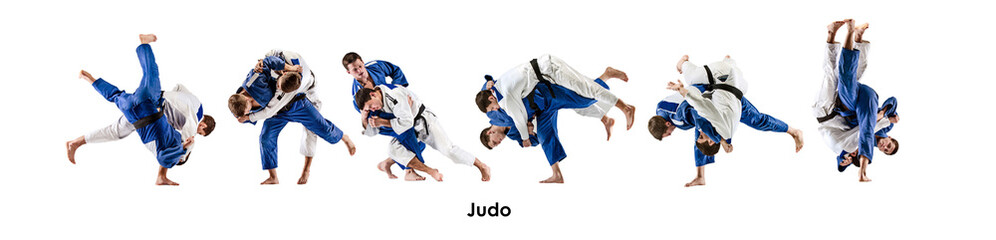 Collage. Two competitive men training judo martial arts, fighting isolated on white background....