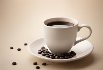 Fototapeta premium A white cup of coffee on a saucer with scattered coffee beans around
