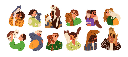 Pet owners and companion dogs, cats set. Happy people hugging, holding cute canine and feline animals with love. Humans and furry friends. Flat vector illustration isolated on white background