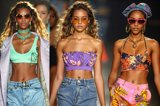 Confident Models in Vibrant Y2K-Inspired Fashion on Runway, Celebrating Modern Trends with Bright Colors and Floral Patterns