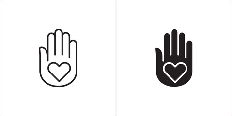 Palm hand with heart symbol in the middle. Charity greeting hand icon. Icon for charity, donation, compassion, solidarity and humanitarian. Vector Stock logo illustration in flat and line design style