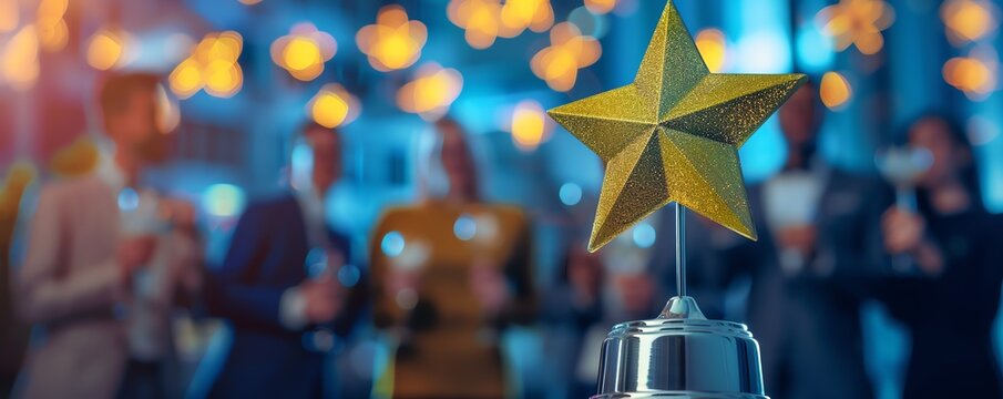 Tight focus on a shiny star trophy held by a team leader, with blurred background of colleagues celebrating a successful achievement