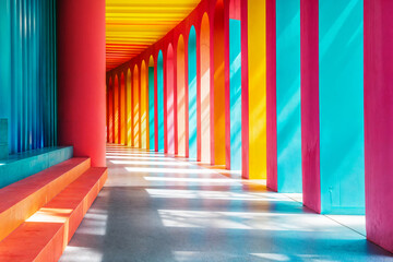 Vibrant indoor corridor with colorful pillars and arches illuminated by natural light, showcasing modern geometric design and artistic creativity