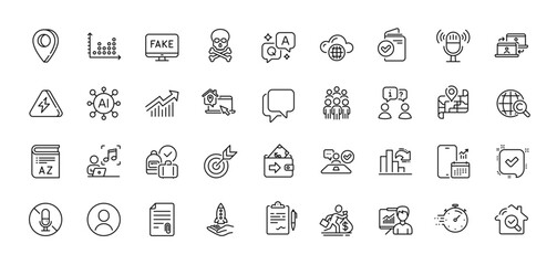 Verification document, Crowdfunding and Outsource work line icons pack. AI, Question and Answer, Map pin icons. Wallet, Confirmed, Talk bubble web icon. Timer, Fake news, Microphone pictogram. Vector