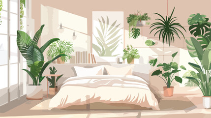 Comfortable bed and houseplants in light bedroom 