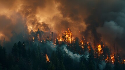 Obraz premium Climate Change's Fiery Assault: Wildfire Engulfs Forest Ecosystem
