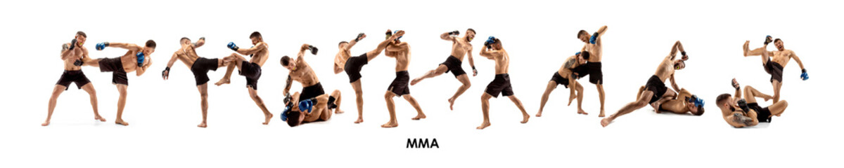 MMA. Two professional fighters punching, boxing, training isolated on white studio background. Collage. Concept of Combat sport, martial arts, competition, tournament