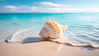 isolated sea shell in the edge of the ocean shore,