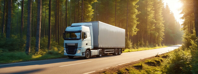 A truck with a trailer drives along a highway in a dense forest at sunset. Logistics and international cargo transportation. Truck is driving fast with a blurry environment.