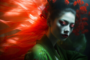 portrait of a Japanese woman as a geisha, dressed in a traditional kimono of green color, with red flowers in her hair, posing against a background of red fabric