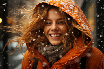 Portrait of a girl on a city street in winter