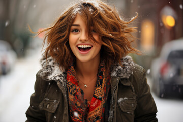 Portrait of a girl on a city street in winter