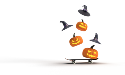 happy halloween pumpkin hat purple violet orange yellow color jump wing skateboard sport activity extreme street horror october 31 thirty one date halloween autumn party night scary spider cute