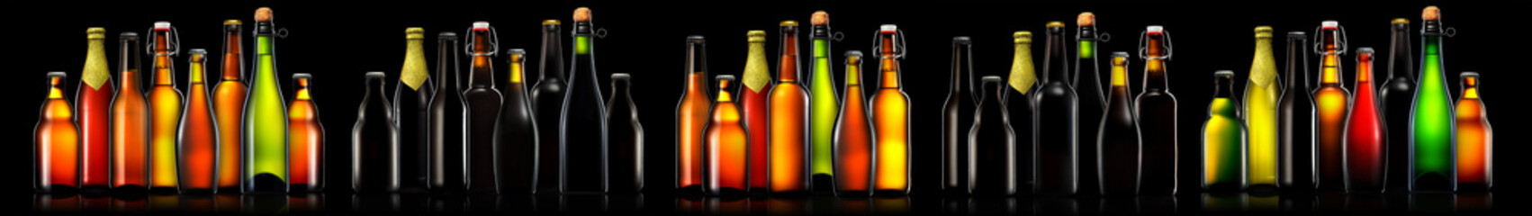 Set of beer, wine and champagne bottles isolated on black background