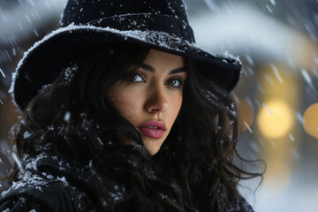 Portrait of a fashionable and elegant girl on a city street in winter, in a black coat and hat, style and fashion