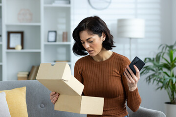 Frustrated woman holding smartphone and unpacking delivery box in living room