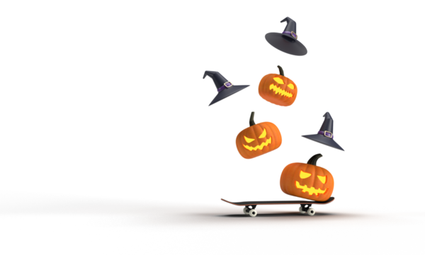 happy halloween pumpkin hat purple violet orange yellow color jump wing skateboard sport activity extreme street horror october 31 thirty one date halloween autumn party night scary spider cute