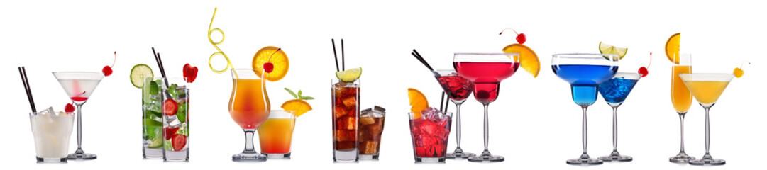 Set of cocktails with decoration from fruits isolated on white background