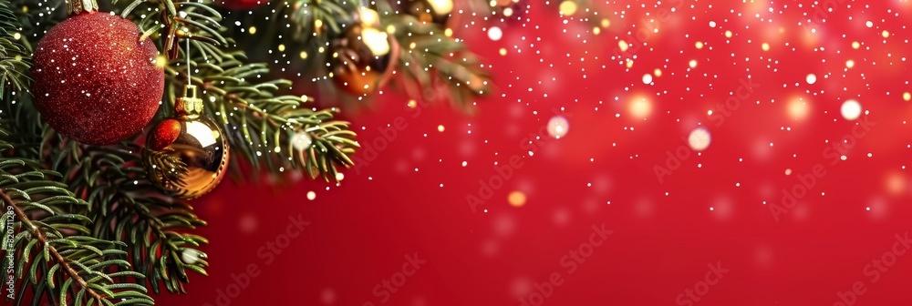 Poster festive xmas tree with sparkling bokeh lights on red canvas background merry christmas card