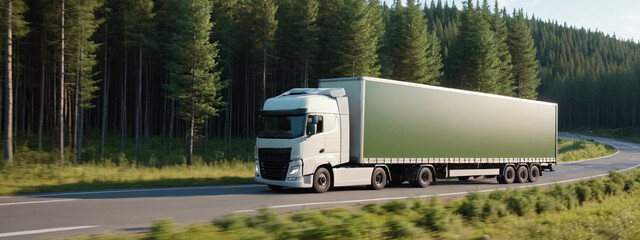 A truck with a trailer is driving along the highway along the forest. Logistics and international cargo transportation. Truck is driving fast with a blurry environment. Concept of cargo transportation