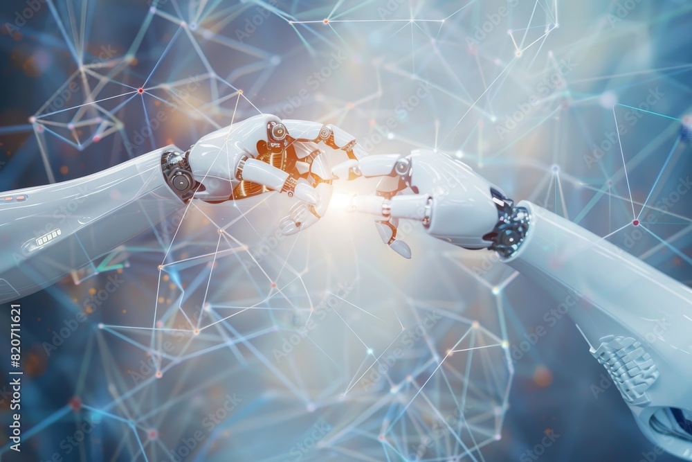 Poster robot and human hands on big data network connection background for futuristic technology concept