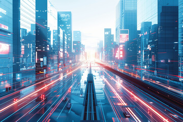 Fototapeta premium city view, future, cyber punk, buildings, road, sunset and sky, technology