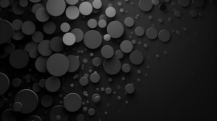 Technological background with holes, dark gray circle with a glow, Modern dark abstract texture, Abstract horizontal banner of circles of different sizes in shades of gray colors on black background
