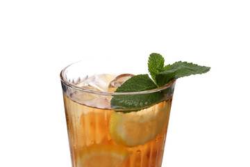 PNG,A glass of cold tea with an orange, isolated on white background