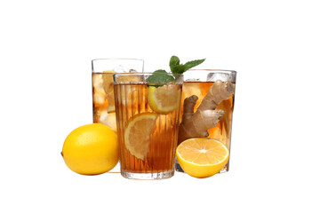 PNG,Glasses of cold tea with orange and ginger, isolated on white background