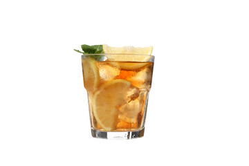 PNG,A glass of cold tea with an orange, isolated on white background