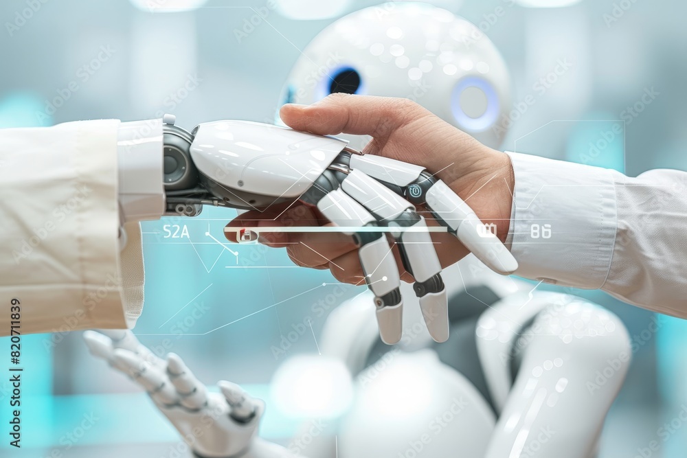 Poster symbolic unity human and robot hands touch on a big data network connection background